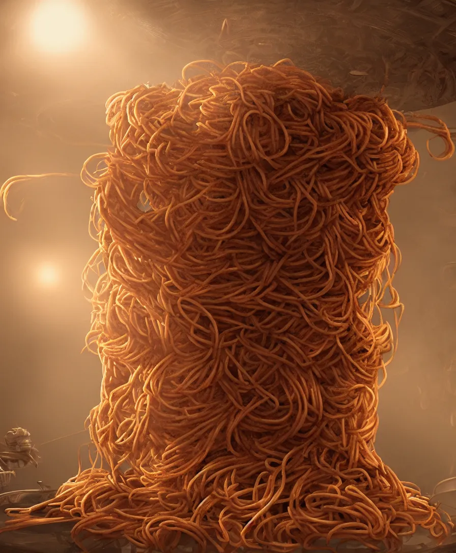 Prompt: spaghetti monster coming out of the pan, cinematic lighting, 8k, artstation