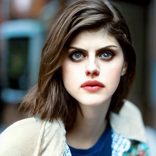 Prompt: closeup portrait of alexandra daddario in a smoky new york back street, photograph, natural light, sharp, detailed face, magazine, press, photo, Steve McCurry, David Lazar, Canon, Nikon, focus