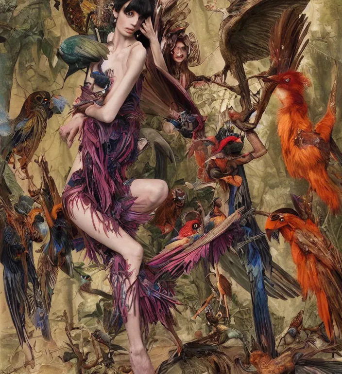 Prompt: a fashion editorial of a meditating fierce krysten ritter as a colorful harpy bird super hero with mutated scaled skin. she has many skin grafts and cyborg body modifications. by donato giancola, hans holbein, walton ford, gaston bussiere, peter mohrbacher and brian froud. 8 k, cgsociety