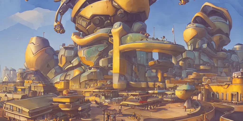 Image similar to overwatch building, stylized, exterior, architecture, in watercolor gouache detailed paintings, insanely detail, artstation, 8 k, futuristic, big medium small, arcane, simon stalenhag, food stall, interesting shapes & form, golden ratio, megastructures, vitaly bulgarov