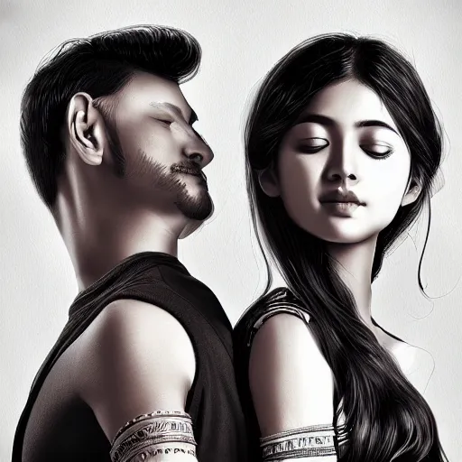 Image similar to perfectly centered symmetrical split male and female portrait of indian romance couple man and woman in love sharing one heart ; digital artwork by'kyuyong eom'and artgerm, photorealistic, highly detailed ; trending on artstation