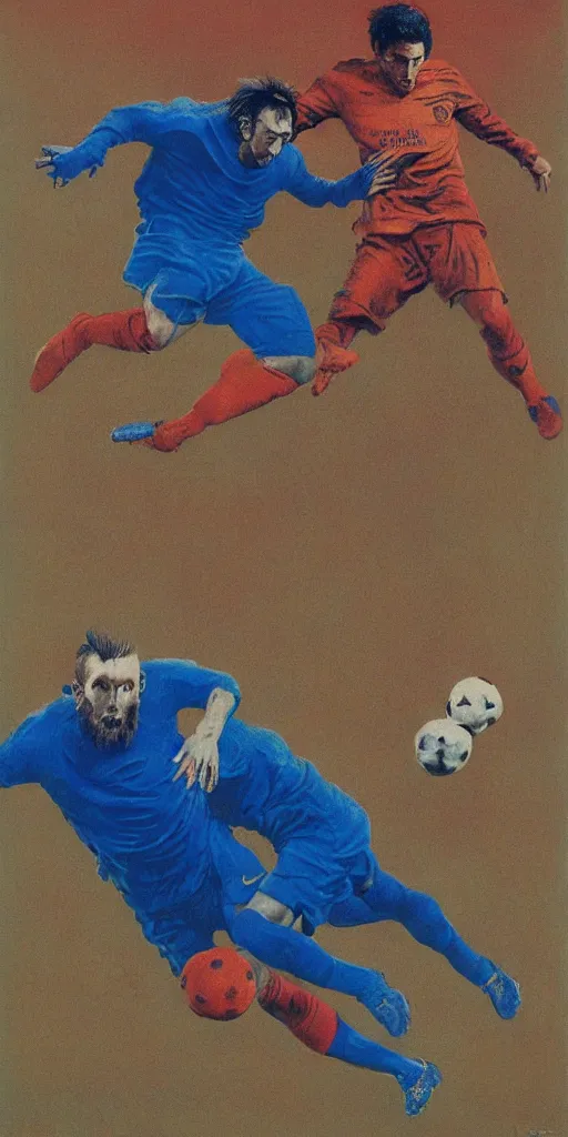 Prompt: messi tackling a blue demon surrounded by roteiro balls by Zdzisław Beksiński, football nike