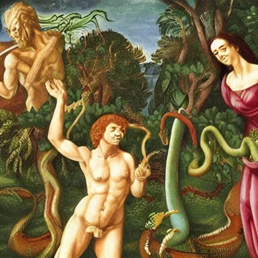 Image similar to Close-up of God being angry in the Garden of Eden. Adam and Eve look very guilty and the snake is leaving the scene quietly - anatomically correct, hyperrealistic