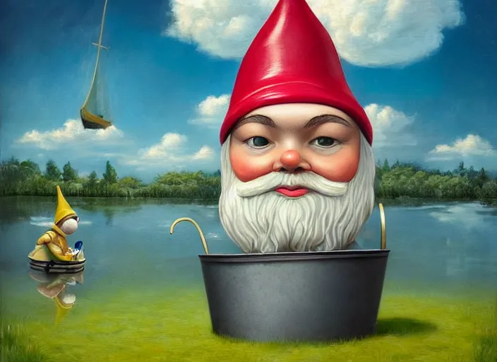 Image similar to a garden gnome sailing in a bucket, whimsical background of a reflective pond on a sunny day with dramatic clouds, an ultrafine detailed painting by mark ryden, trending on deviantart, pop surrealism, whimsical, lowbrow, joyous, perfect symmetrical face