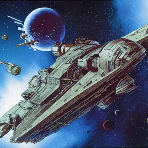 Image similar to a vast steampunk spaceship approaches the wreckage of a derelict starship in deep space by doug chiang and ralph mcquarrie