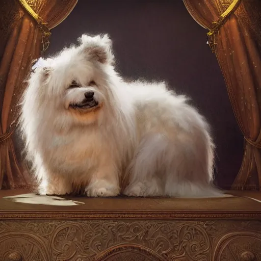 Image similar to a fluffy dog sitting on a bed smiling to his parents digital painting, artstation, concept art, soft light, hdri, smooth, sharp focus, illustration, fantasy, intricate, elegant, highly detailed, D&D, matte painting, in the style of Greg Rutkowski and Alphonse Mucha and artemisia, 8k, highly detailed, jurgens, rutkowski, bouguereau, pastoral, rustic, georgic