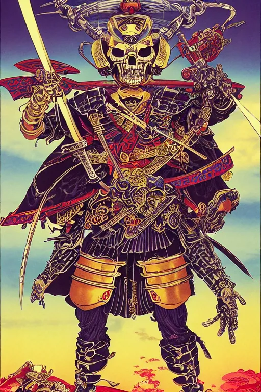 Prompt: poster of crazy skeletor samurai with japanese armor and helmet, by yoichi hatakenaka, masamune shirow, josan gonzales and dan mumford, ayami kojima, takato yamamoto, barclay shaw, karol bak, yukito kishiro