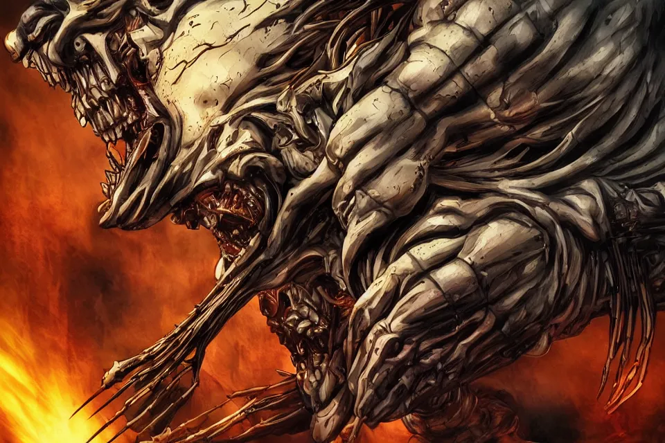 Prompt: Terada Katsuya ArtGerm Style Zombie Wolverine Battles Biomechanical Juggernaut in Hell, beautiful aesthetic, photorealistic, volumetric lighting, hyperrealistic, octane render, HDR, Production IG Studios Anime Style