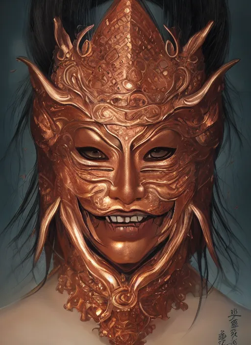 Image similar to a beautiful detailed oil on copper art illustration of a japanese namhage mask devil woman, centered, by charlie bowater, zeng fanzh, trending on artstation, dim dusk lighting, cinematic lighting, detailed lighting, volumetric lighting, realistic, f 8, 4 k hd wallpaper