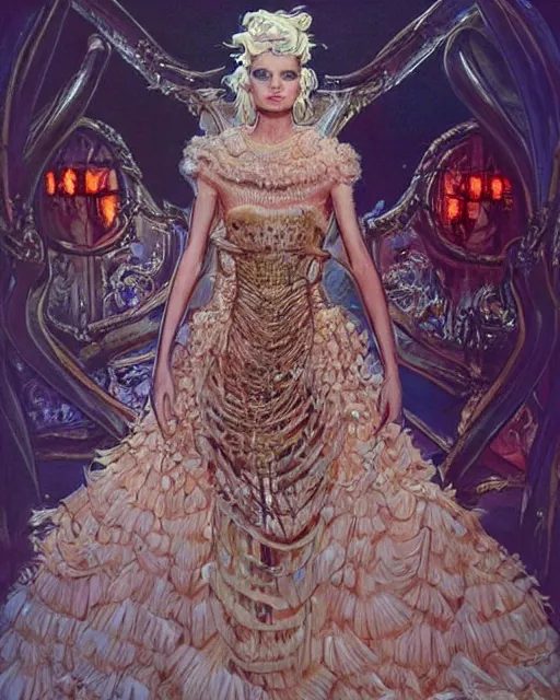 Image similar to fashion model walking down a catwalk, elaborate dress by alexander mcqueen, beautiful feminine face, art by michael whelan and chris moore and howard david johnson and tim white and dan giancola