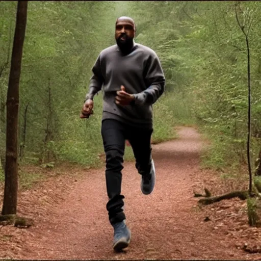 Image similar to trailcam footage of kanye west running in the forest