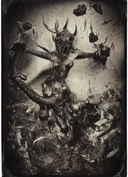 Image similar to old wetplate daguerreotype demons, devil, pain, anger, desolation, angel, bird head, explosion of data fragments, fractal, intricate, elegant, highly detailed, parallax, leica, medium format, subsurface scattering, by jheronimus bosch and greg rutkowski and louis jacques mande daguerre