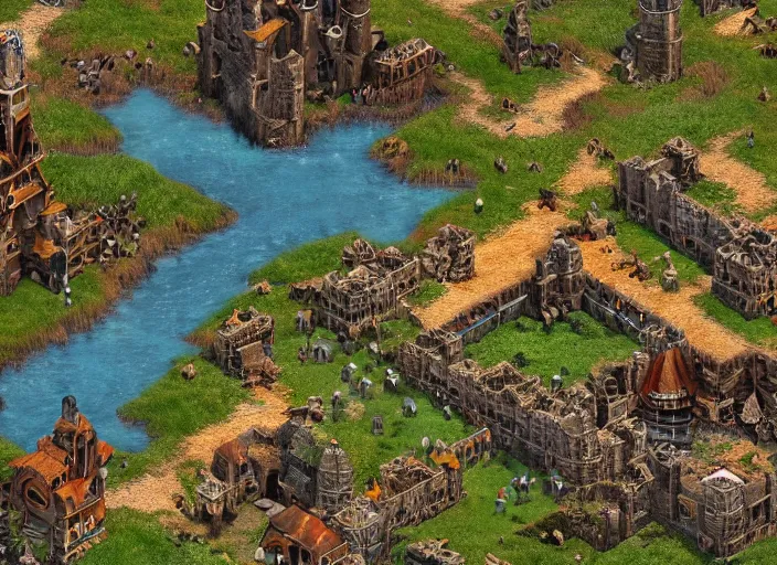 Image similar to isometric map of age of empires video game, procedural, top down, AOE2 , civilization, river, forest, cave, mountain, game level, map, woods, hills, buildings, snow, , digital art,realistic,detailed,art by greg rutkowski