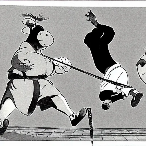 Prompt: men with hippo heads playing badminton, by Ken Sugimori, manga panel, black and white