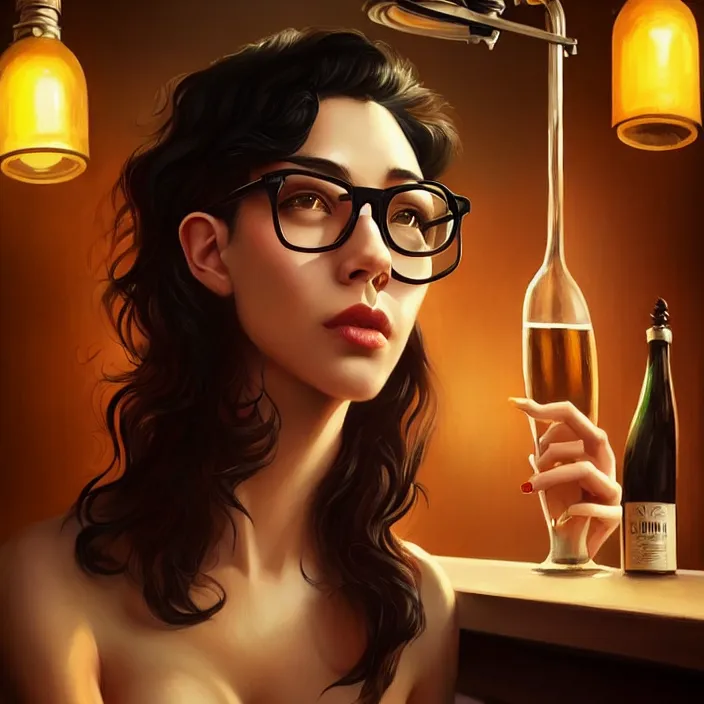 Prompt: a young sophisticated beautiful barmaid, dimly lit dive bar, hip modern vibe, relaxed pose, wavy short black hair and glasses, wild, highly detailed, digital painting, artstation, sharp focus, illustration, detailed painterly digital art style by ross tran and ramond swanland and liam wong + perfect facial symmetry + dim volumetric lighting, vibrant deep colors, 🍸, 8k octane beautifully detailed render, post-processing, extremely hyperdetailed, epic composition, grim yet sparkling atmosphere, cinematic lighting + masterpiece, Art Nouveau, unreal engine, hyperrealistic, old english, sepia