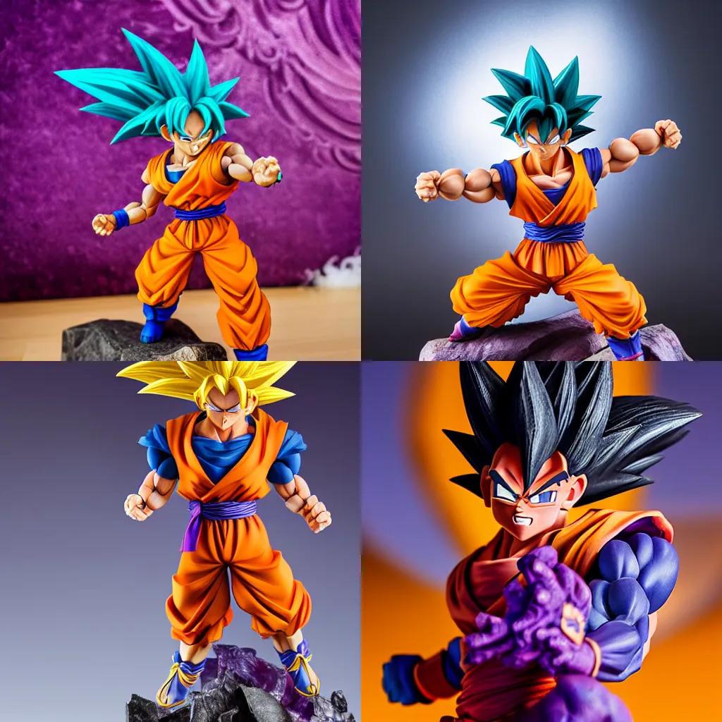 Prompt: studio photograph of a goku figurine carved in amethyst, xf iq 4, 1 5 0 mp, 5 0 mm, f 1. 4, iso 2 0 0, 1 / 1 6 0 s, natural light, adobe lightroom, photolab, affinity photo, photodirector 3 6 5