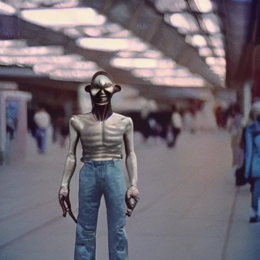 Image similar to alien walking around the soviet market, top secret style, realistic photo, cinestill 8 0 0 t 5 0 mm, 1 9 7 0 s, color