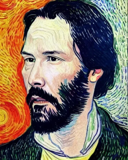 Image similar to Keanu Reeves as Neo in the style of van gogh self portrait, face, detailed, sharp focus