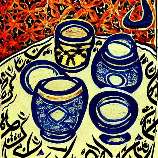 Image similar to Arabic calligraphy, Moroccan tea set, painting by jackson pollock