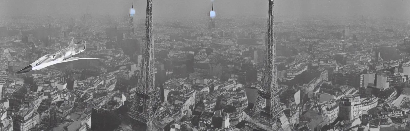 Image similar to Still from the 1969 movie MECHA-CONCORDE vs ROBO-EIFFEL the giant humanoid Eiffel Tower battles the swan-like superplane above the streets of paris-futur art direction by moebius hq production still technicolor