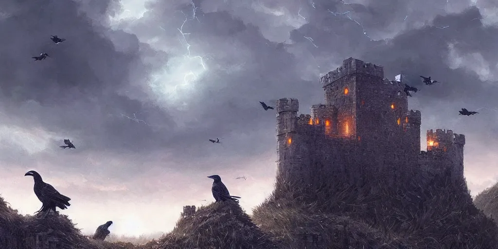 Image similar to A group of Ravens sit on a castle ramparts, dark fantasy, stormy sky, lightning, digital art by Greg Rutkowski and Studio Ghibli