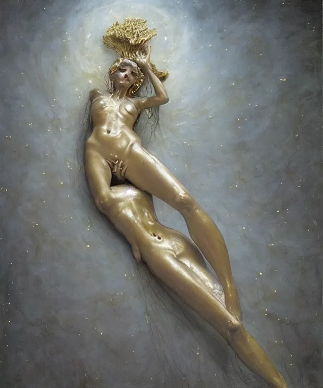 Prompt: Beautiful full-body wax sculpture of a glowing clothed transparent mermaid in a glowing dress with visible gold bones covered with melted white wax inside the singularity where stars becoming baroque folds of dark matter by Michelangelo da Caravaggio, Nicola Samori, William Blake, Alex Grey and Beksinski, dramatic volumetric lighting, highly detailed oil painting, 8k, masterpiece