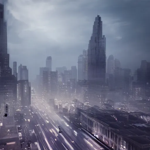 Prompt: a photorealistic image of terror in the skies, volumetric fog, cityscape, wide angle