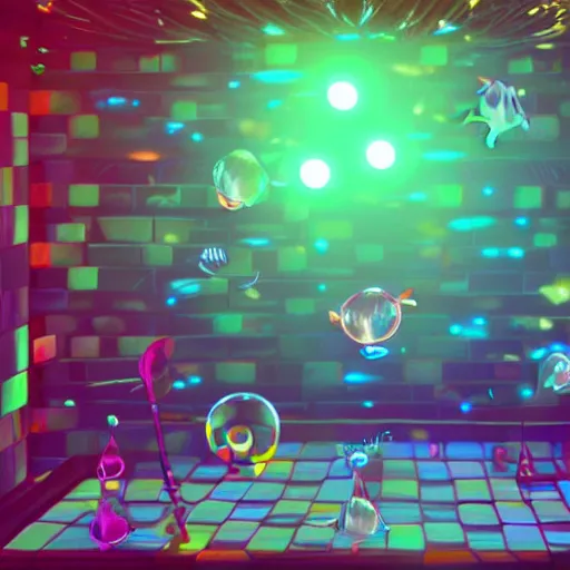Prompt: screenshot from an indie video game about fish that can transform to a disco ball trending on artstation