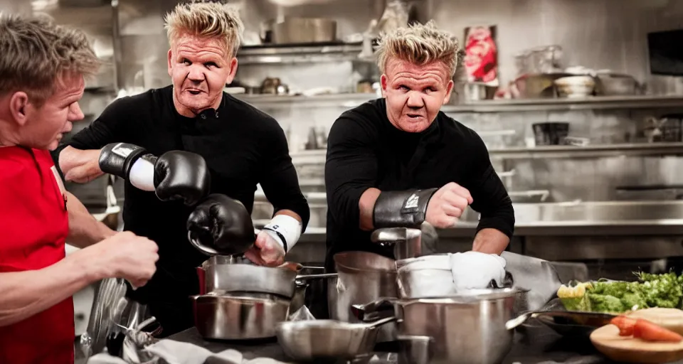 Image similar to photo of angry furious Gordon Ramsay punching Gordon Ramsay at the kitchen