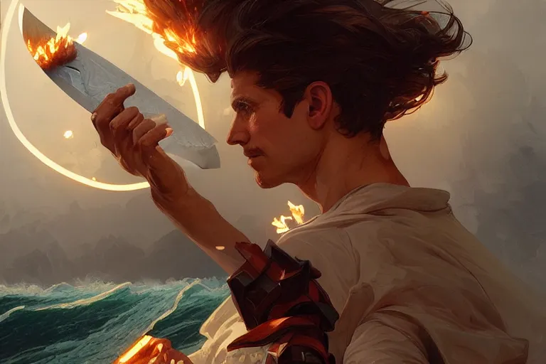 Image similar to a man fights an explosion wave with a knife, portrait, highly detailed, digital painting, artstation, concept art, smooth, sharp focus, illustration, cinematic lighting, art by artgerm and greg rutkowski and alphonse mucha