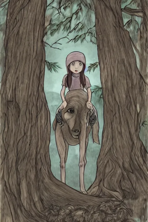 Image similar to young girl on a gray wolf, in a dark forest, in ghibli style