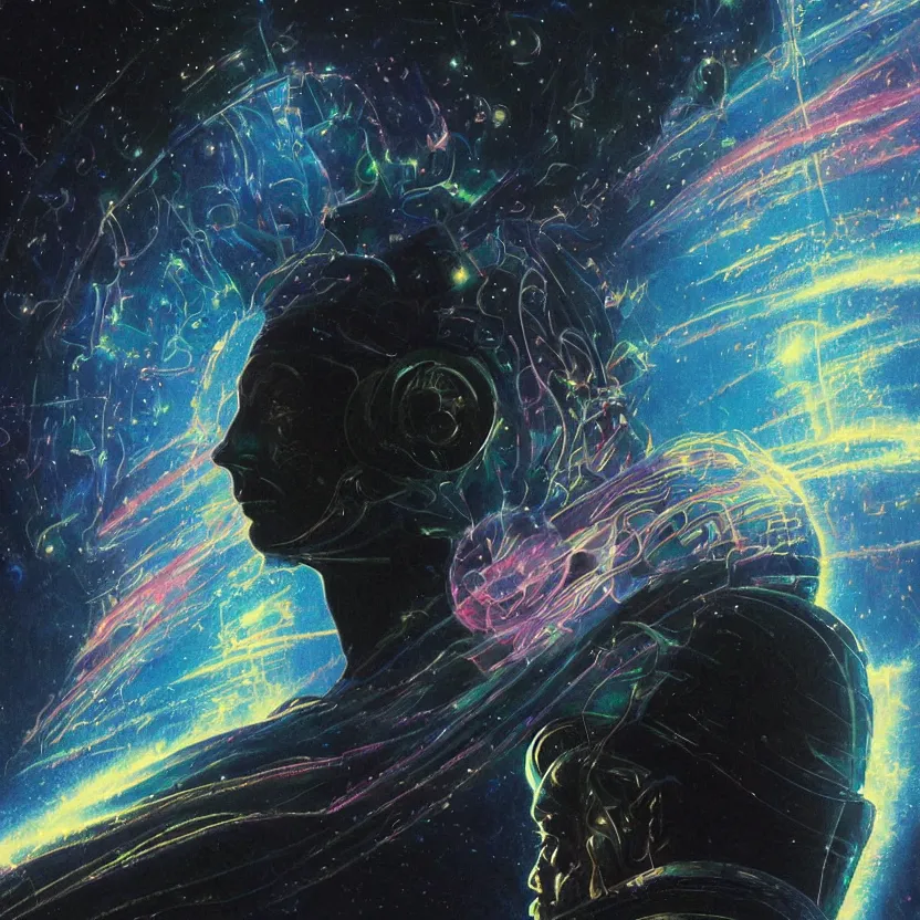 Prompt: a close - up view portrait of a silhouetted cosmic wizard meditating with iridescent metallic technology headwear in sci - fi baroque neoclassicist halls. detailed textures. glowing colorful fog, dark black background. highly detailed fantasy science fiction painting by moebius, norman rockwell, frank frazetta, and syd mead. rich colors, high contrast. artstation