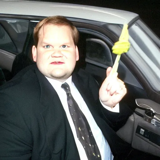 Prompt: 1 9 9 8 andy richter wearing a black wool coat and necktie in his car driving through the streets of chicago at night.