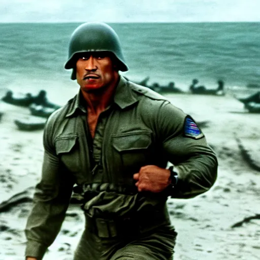 Image similar to A closeup of Dwayne The Rock Johnson storming the beaches of Normandy, Saving Private ryan