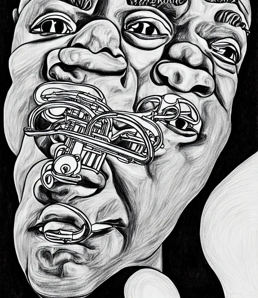 Prompt: detailed line art portrait of louis armstrong, inspired by egon schiele. elegant, minimalist, bold contour lines, musicality, soft twirls curls and curves, confident personality, raw emotion