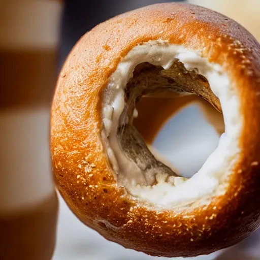 Prompt: an extreme close up of a new york city bagel with cream cheese, mouth watering, 80mm macro lens