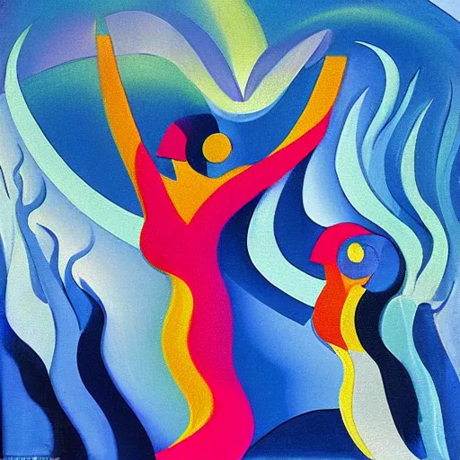 Prompt: woman woman dances by the ocean with her sisters at sunset , abstract art in the style of cubism and georgia o’keefe ,