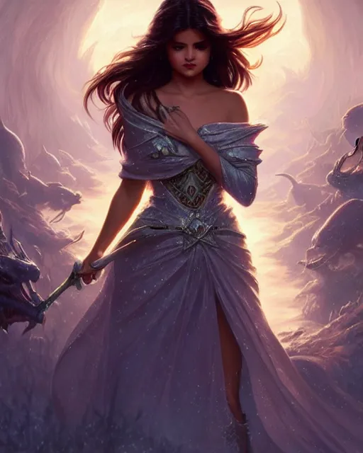 Image similar to Selena Gomez casting an frost spell, D&D, fantasy, intricate, elegant, highly detailed, digital painting, artstation, concept art, matte, sharp focus, illustration, hearthstone, art by Artgerm and Greg Rutkowski and Alphonse Mucha