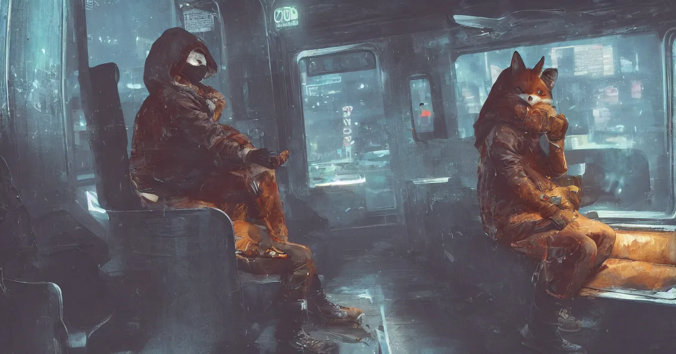 Prompt: Imagination of homeless fox with hood over head and old coat, sits on a dirty seat in a old subway car, cyberpunk 2077, amazing digital art