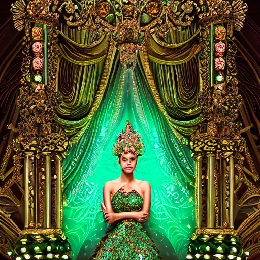 Image similar to photograph of princess, green jewels, breathtaking, ornate, intricate, hyper detailed, accent lighting, dramatic light, 4 k octane render