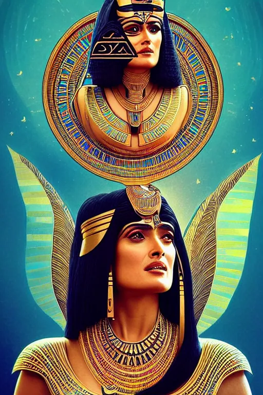 Image similar to Portrait of Salma Hayek as Cleopatra, intricate art deco leaf designs, elegant, highly detailed Egyptian patterns, hieroglyph, sharp focus, art by Artgerm and beeple