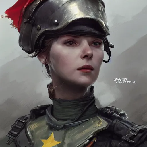 Image similar to portrait of a communist greta, epic, tragic, military art, fantasy, dieselpunk, hd shot, digital portrait, beautiful, artstation, comic style, by artgerm, guy denning, jakub rozalski, magali villeneuve and charlie bowater