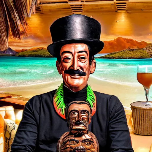 Image similar to a closeup photorealistic photograph of distinguished salvador dali at trader vic's bar sitting next to a trader vic's style tiki mug featuring the face of salvador dali. tiki culture. bright scene. 4 k hd image that's trending on artstation, featured on behance, well rendered, extra crisp, features epic composition and the style of unreal engine.