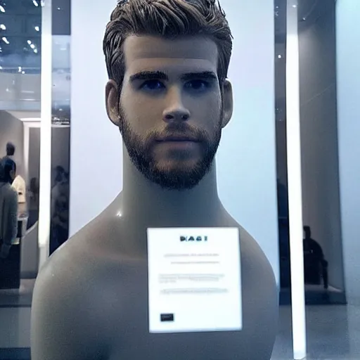 Image similar to “ a realistic detailed photo of a guy who is an attractive humanoid who is half robot and half humanoid, who is a male android, actor liam hemsworth, shiny skin, posing like a statue, blank stare, at the museum, on display ”