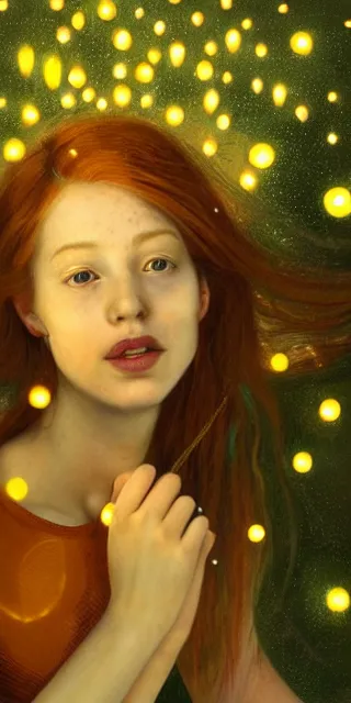 Image similar to an amazed young woman surrounded by golden firefly lights in a mesmerizing scene, sitting amidst nature fully covered, long loose red hair, precise linework, accurate green eyes, small nose with freckles, smooth oval shape face, empathic, bright smile, expressive emotions, hyper realistic ultrafine portrait by artemisia gentileschi, jessica rossier, boris vallejo