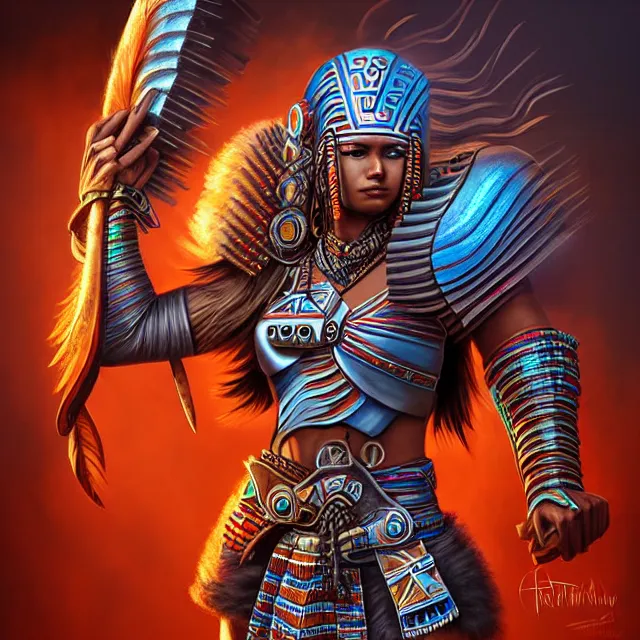 Image similar to futuristic aztec warrior, highly detailed, 4 k, hdr, smooth, sharp focus, high resolution, award - winning photo, artgerm, photorealistic