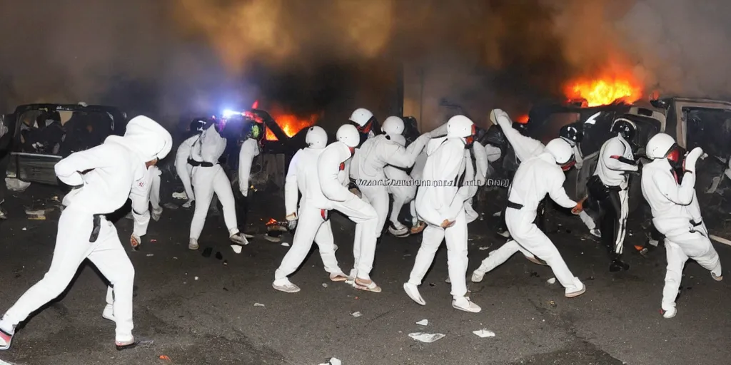 Image similar to photo of young men wearing white tracksuits fighting cops in a riot with burning cars at night, close shot, editorial photography