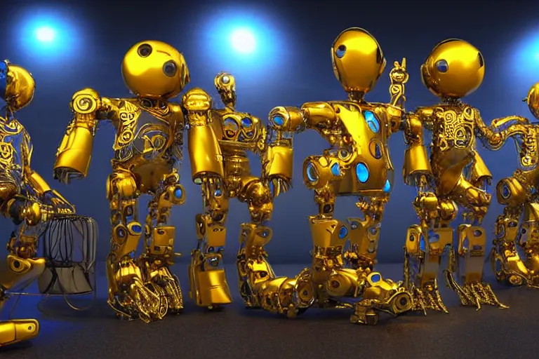 Image similar to scene from the voice of america, on stage are 4 golden and blue metal humanoid steampunk robots dancing wild, robots are wearing golden gears and tubes, eyes are glowing red lightbulbs, shiny crisp finish, 3 d render, 8 k, insaneley detailed, fluorescent colors, nightlight