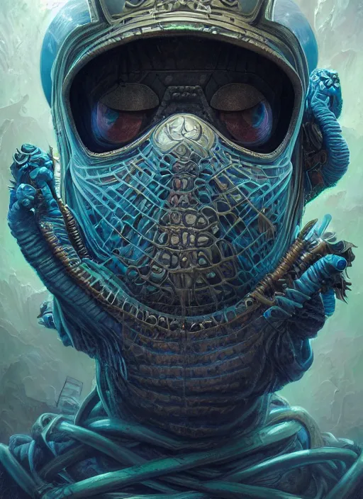 Image similar to space station mf doom reptile eyes, blue skin. intricate, elegant, highly detailed, centered, digital painting, artstation, concept art, smooth, sharp focus, illustration, artgerm, tomasz alen kopera, peter mohrbacher, donato giancola, joseph christian leyendecker, wlop, frank frazetta