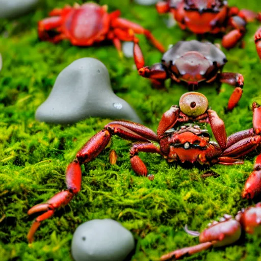 Prompt: large group of crabs and worms, crawling along a bed of moss, low poly, creeper world, handcrafted, artstation, hyperrealistic, hard light, best practices, creeptastic, photorealism, macro perspective, cuddly, Voidless of the Festival!, The Graveyard!!, Blood moon tentacles, outsider art!!!, The ego separates by Wojciech Siudmak!!!!